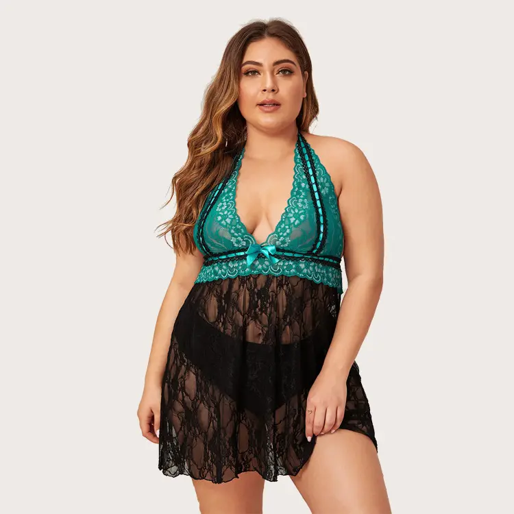 Malha de renda halterneck para mulheres, atacado, barato, sexy, malha, transparente, lingerie sexy, renda, plus size, roupa íntima feminina