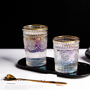 Antique Class <strong>Cups</strong> Clear Color <strong>Golden</strong> Edge Fancy Embossed Glass <strong>Cups</strong> Sunflower Pattern Juice Wine Milk <strong>Cup</strong> with <strong>Golden</strong> Edge