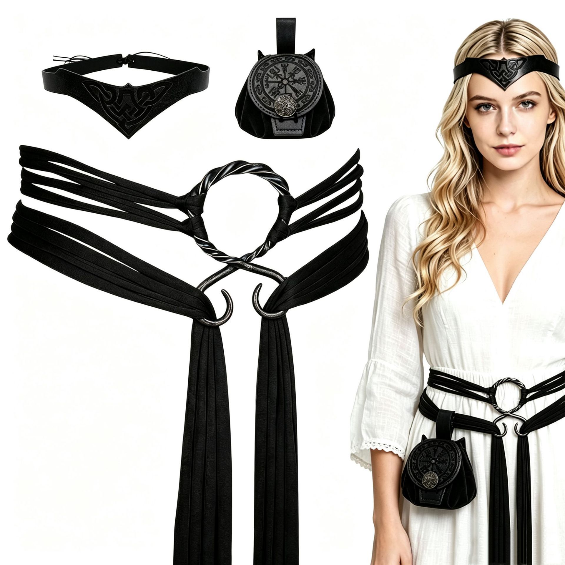 Conjunto de 3 piezas con cinturón negro.