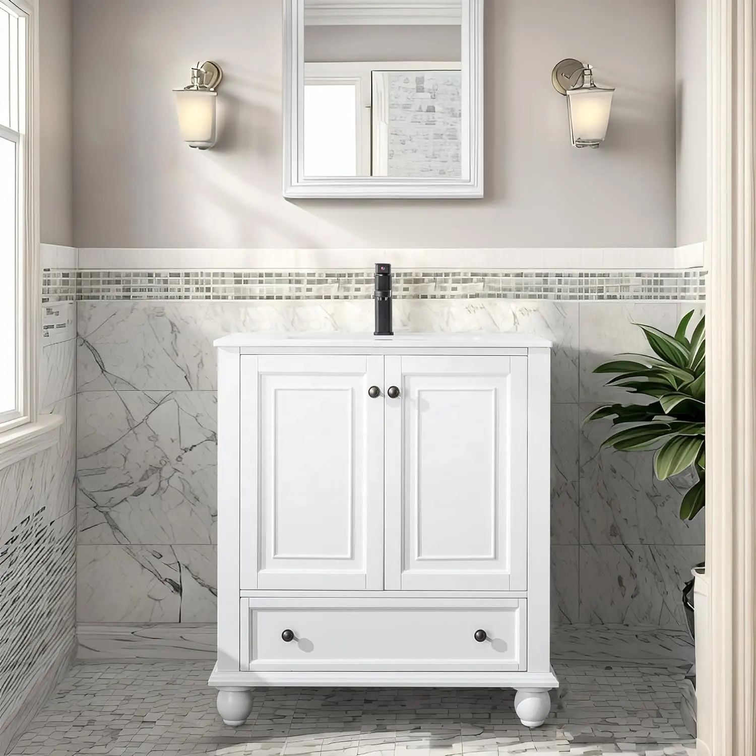 30 "Retro tarzı tasarım banyo Vanity katı ahşap Vintage banyo dolapları banyo 30 inç lavabo bâtıla