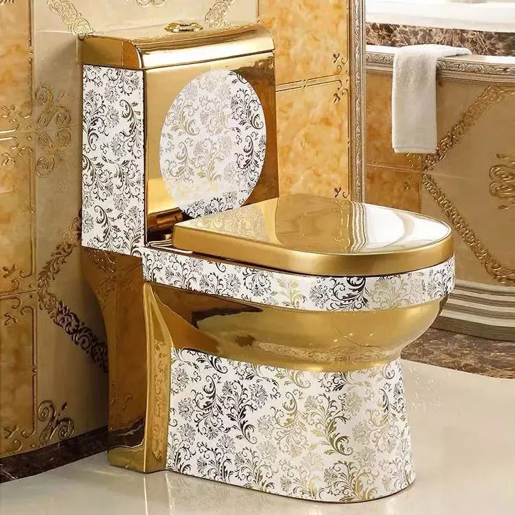 أعلى جودة النمط الغربي بالكهرباء الذهب المرحاض جميلة زهرة نمط الذهب الأبيض السيراميك دورة المياه