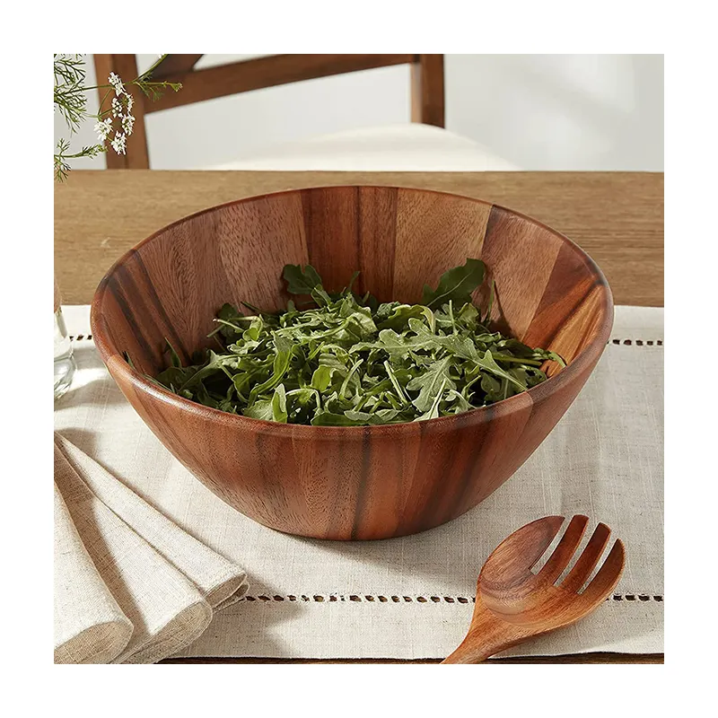 Wholesale OEM/ODM Custom Logo Tableware Round Wood Mixing Bowl Acacia Wooden Food Fruit Salad Serving Bowl Set