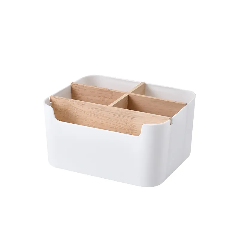 Caja de almacenamiento de plástico con control remoto ecológica personalizada, organizador de escritorio de oficina de bambú, soporte para artículos diversos, forma rectangular