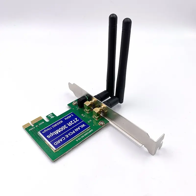 Adaptor kartu PCI-e nirkabel Mini, 300Mbps 2x antena Pengarah Omni dapat dilepas, antena pci-express Desktop 300Mbps nirkabel PCI-E