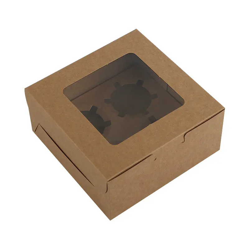 Elegante caja de embalaje de papel artesanal con ventanas para 4 piezas Muffin o Cup Cake y cajas de paquete personalizadas