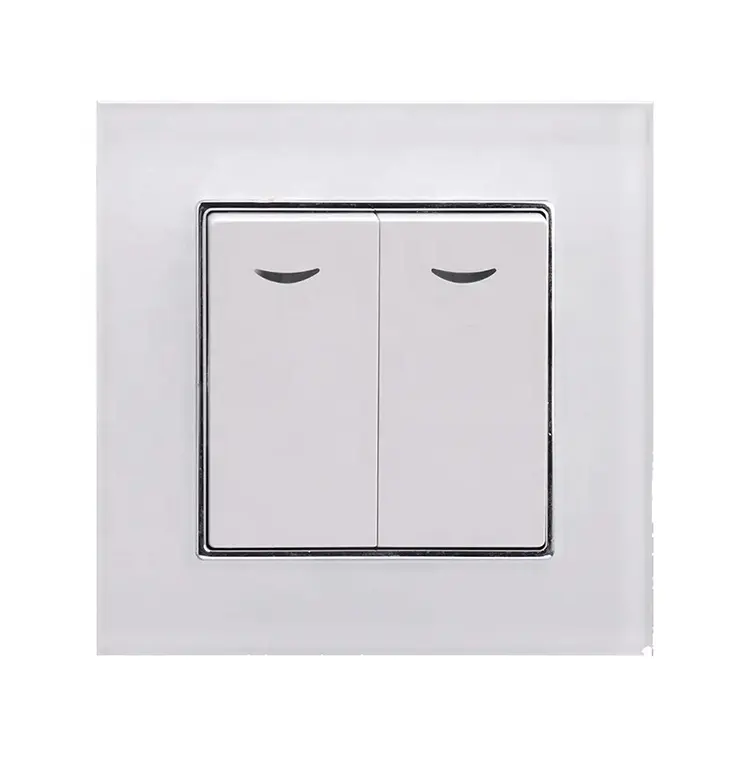 Panel de vidrio templado blanco estándar de la UE Honyar 10A 2 Gang interruptor de pared de lujo moderno con luz LED