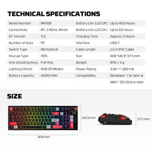 FANTECH MK918 Wireless RGB Gaming <strong>Keyboard</strong> 97 <strong>Keys</strong> Mechanical <strong>Keyboard</strong> Full-<strong>Key</strong> Anti-Ghosting for PC <strong>Mac</strong> Gaming <strong>Keyboard</strong> - Product Image 6