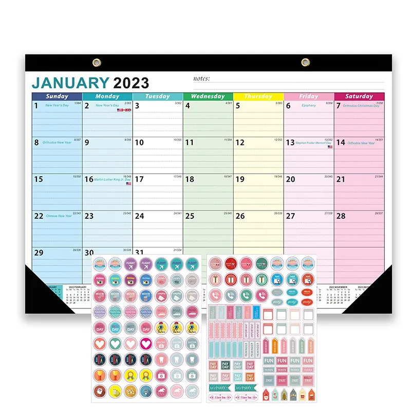 Impressão personalizada 2023 mês padrão floral 12 página semanal, calendário, notas semanais de parede espiral de ouro