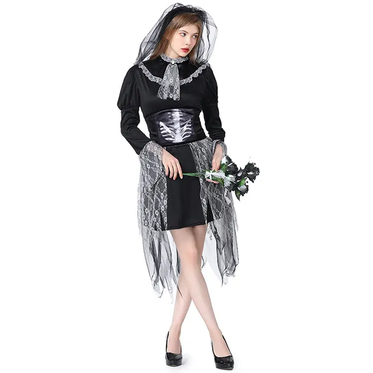 Cosplay di Halloween sposa fantasma Costume da donna gotico pizzo nero scheletro festa abito corto