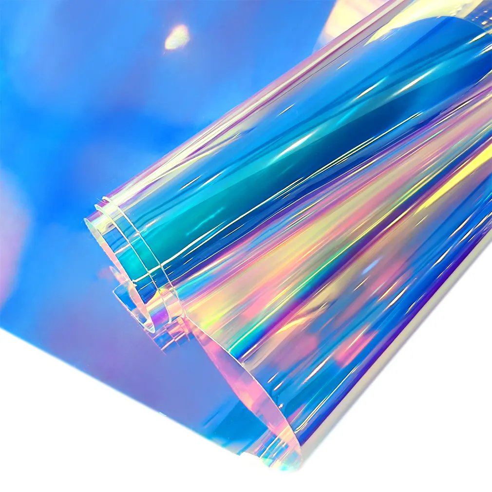 0.8MM Holográfico Transparente Filme Espelho Laser Iridescente TPU Vinil Material Impermeável para DIY Cabelo Arcos Costura Patchwork