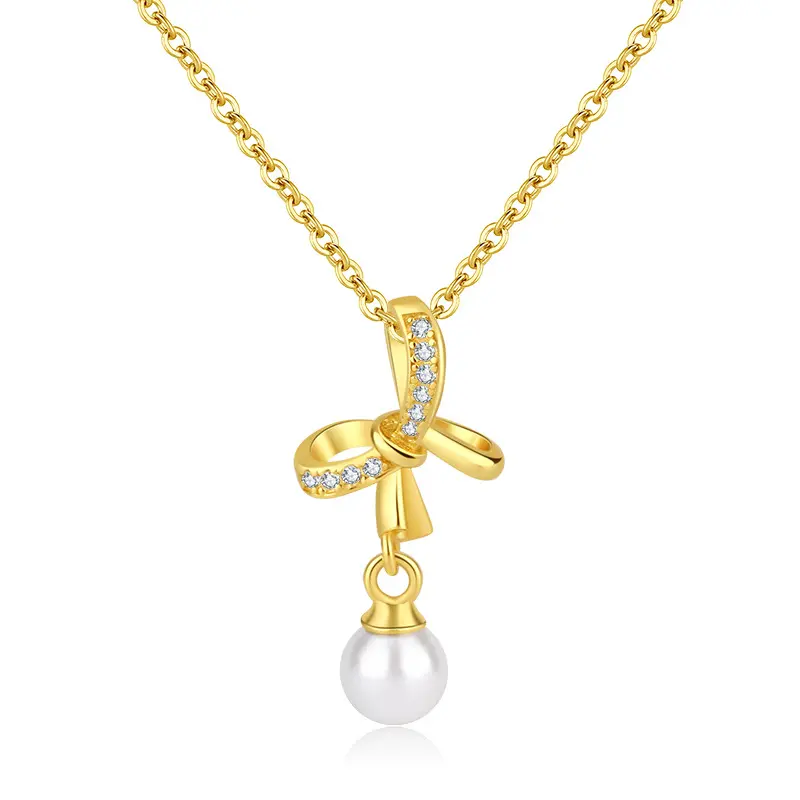 Esclusivo ciondolo Bowknot in argento Sterling 925 con ciondolo a forma di fiocco in oro 18 carati con zirconi d'acqua dolce collana con strass a catena