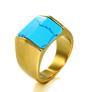 Jinziying Men's Titanium Steel Ring Simplicity Square Geometric Turquoise <strong>Flow</strong> 18K Gold Plated <strong>Cut</strong> Diamond - Product Image 5