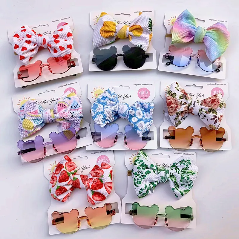 Bonito Anti-UV Cartoon Flower Sunglasses 2 pcs/set Crianças Photo Props Presente Baby Girls Sunglass E Bow Knot Hairband Set Acessórios