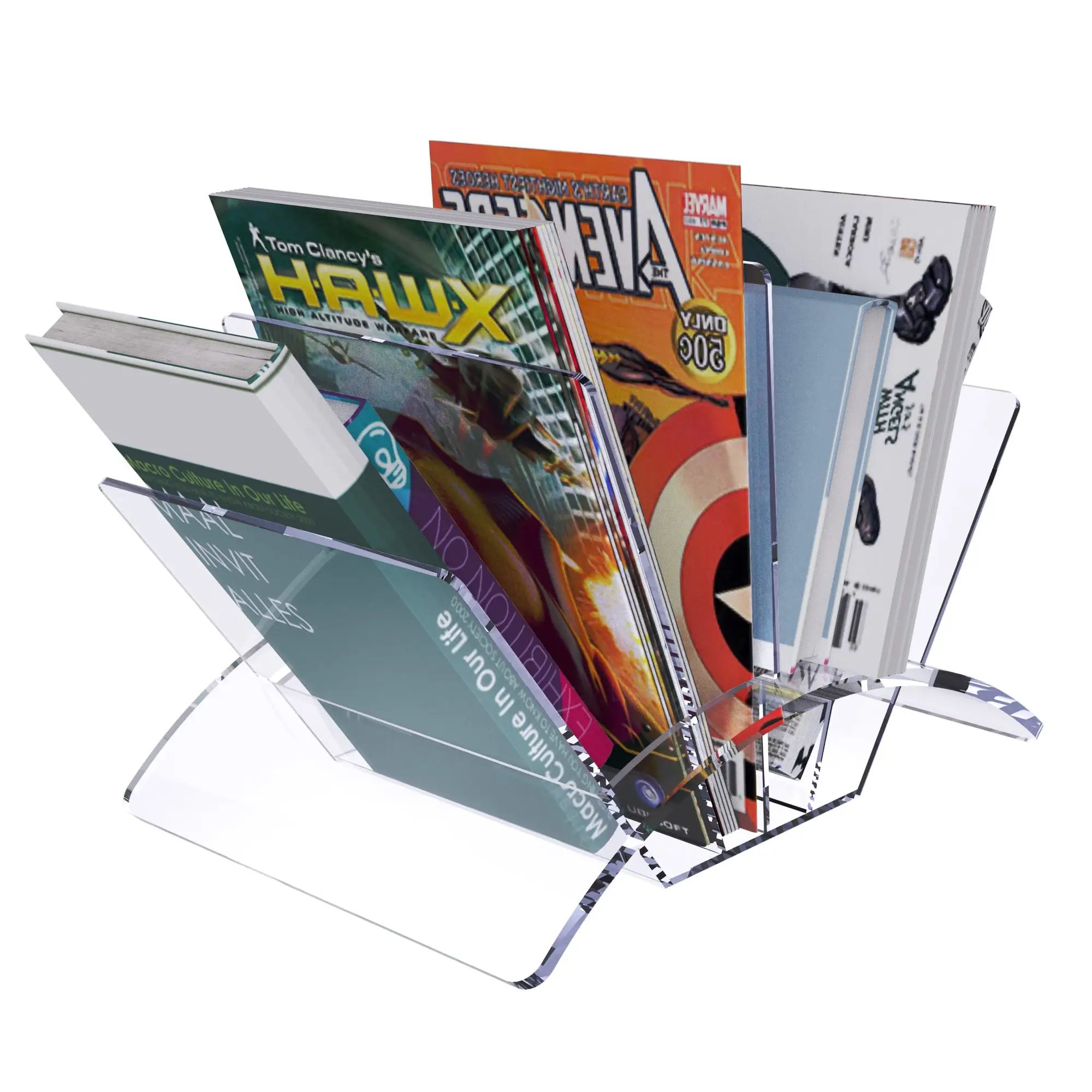 Wholesale Price Custom Clear Petal-shape Acrylic Magazine Display Rack with 4 Compartments for Desktop