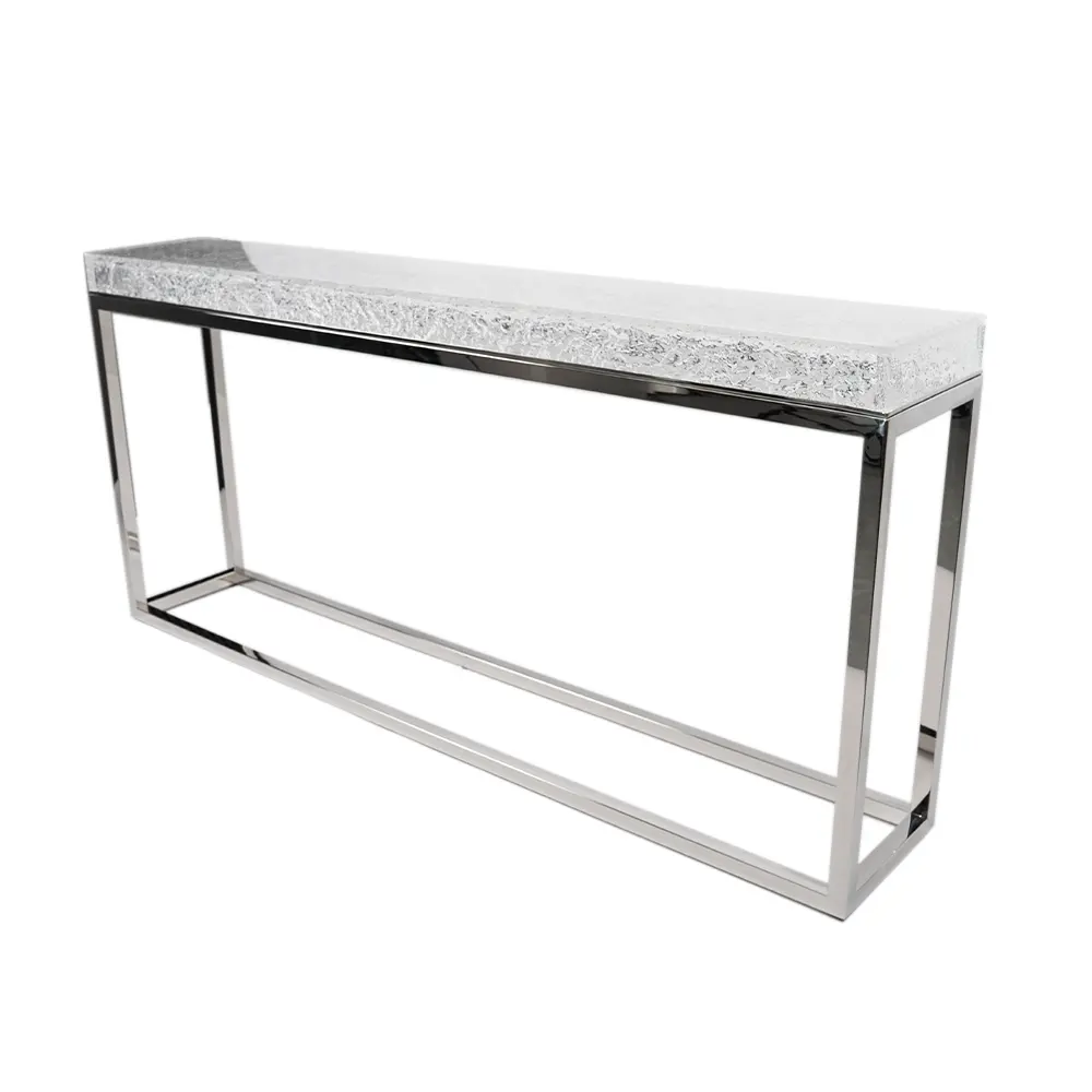 Mesa de esquina acrílica transparente, consola de acero inoxidable, resina acrílica, diseño artístico epoxi itallian