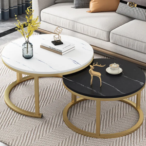 Contemporary Round Nesting Bent Black Gold Metal Side Glass Marble Stone Mdf Wood Coffee <strong>Table</strong> Nest of <strong>3</strong> <strong>Table</strong> <strong>Set</strong> Nesting <strong>Table</strong> - Product Image 3