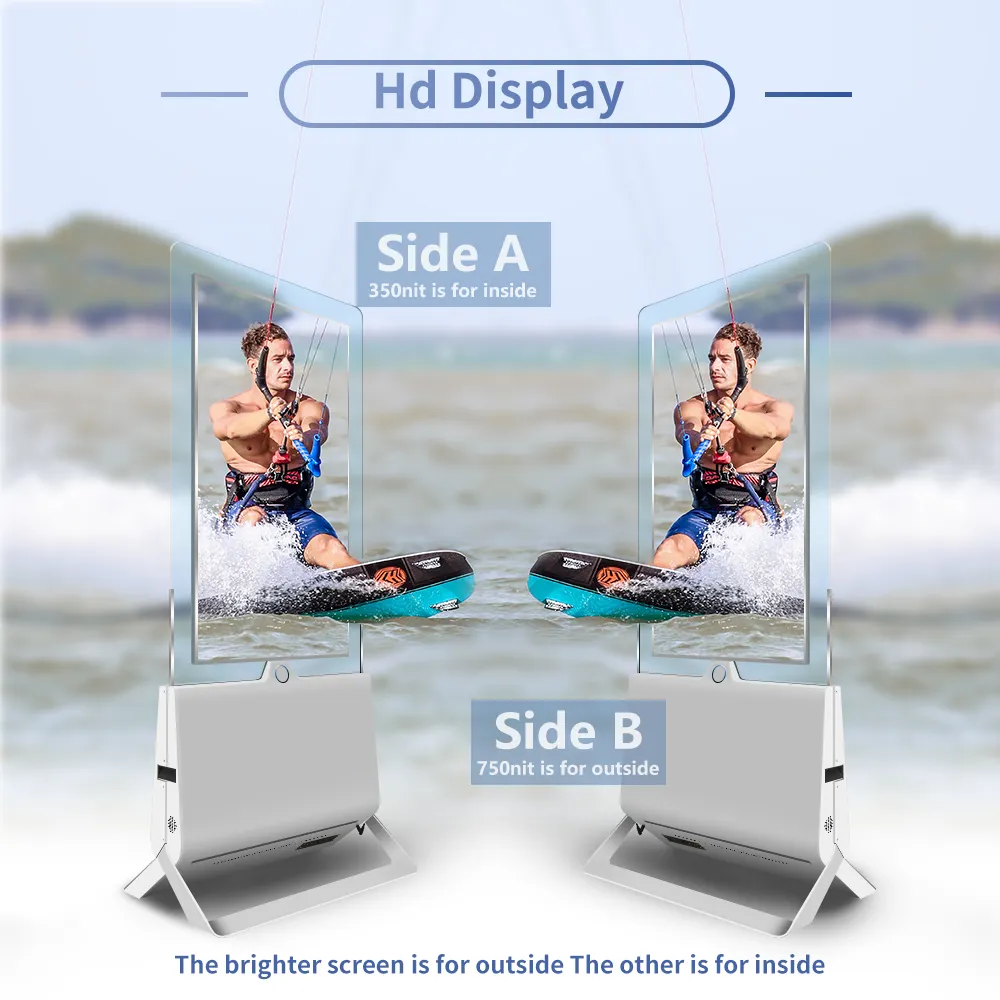 43 इंच डबल साइड ग्लास फ्लोर स्टैंडिंग एलसीडी स्क्रीन विज्ञापन डिजिटल डिस्प्ले साइनेज फ्लैट पैनल टोटेम ट्रांसपेरेंट प्लेयर
