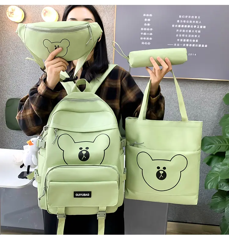 Mochila impermeable de oso de dibujos animados para niñas, conjunto de 4 Uds., mochila de viaje para estudiantes, mochilas escolares, venta directa de fábrica