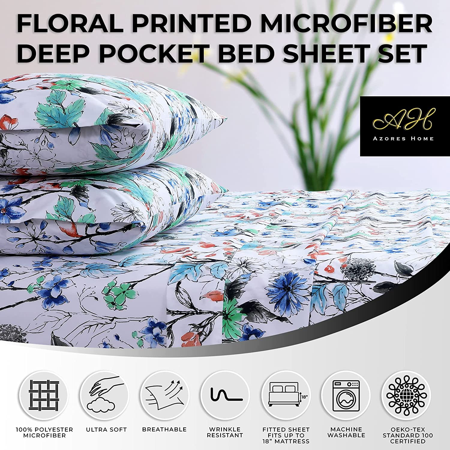 Multicolor Serena Printed Deep Pocket Sheet Set with Oversized