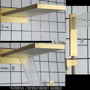 Brushed Gold Constant Temperature Waterfall Button Shower Suit Bathroom Wall <strong>Entry</strong> Concealed Rainfall Manual Shower Combination - Product Image 5