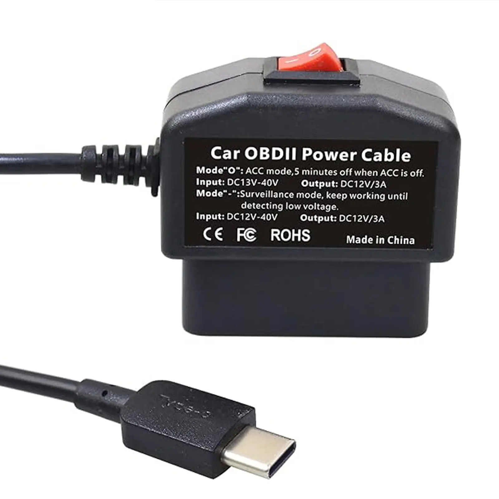 Adaptor daya OBD2, 12V/3A OBD2 ke USB tipe-c Port kabel pengisian daya dengan tombol saklar untuk ponsel mobil Dash Cam GPS Tablet e-dog