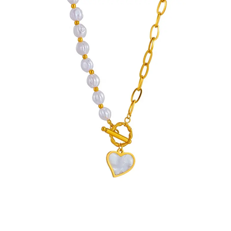 Perhiasan modis kalung liontin hati cinta rantai klavikula gesper OT sambungan rantai mutiara baja Titanium berlapis emas untuk wanita