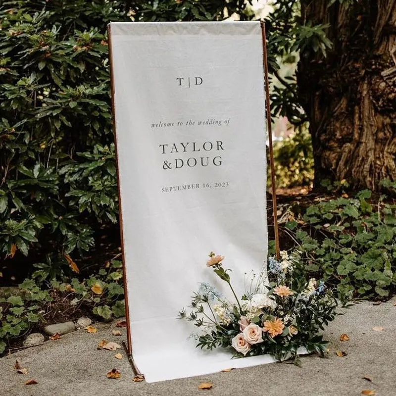Letrero de bienvenida de boda de lino 100% ecológico, soporte de letrero de lino personalizado para fiesta de cumpleaños, quinceañera, despedida de soltera