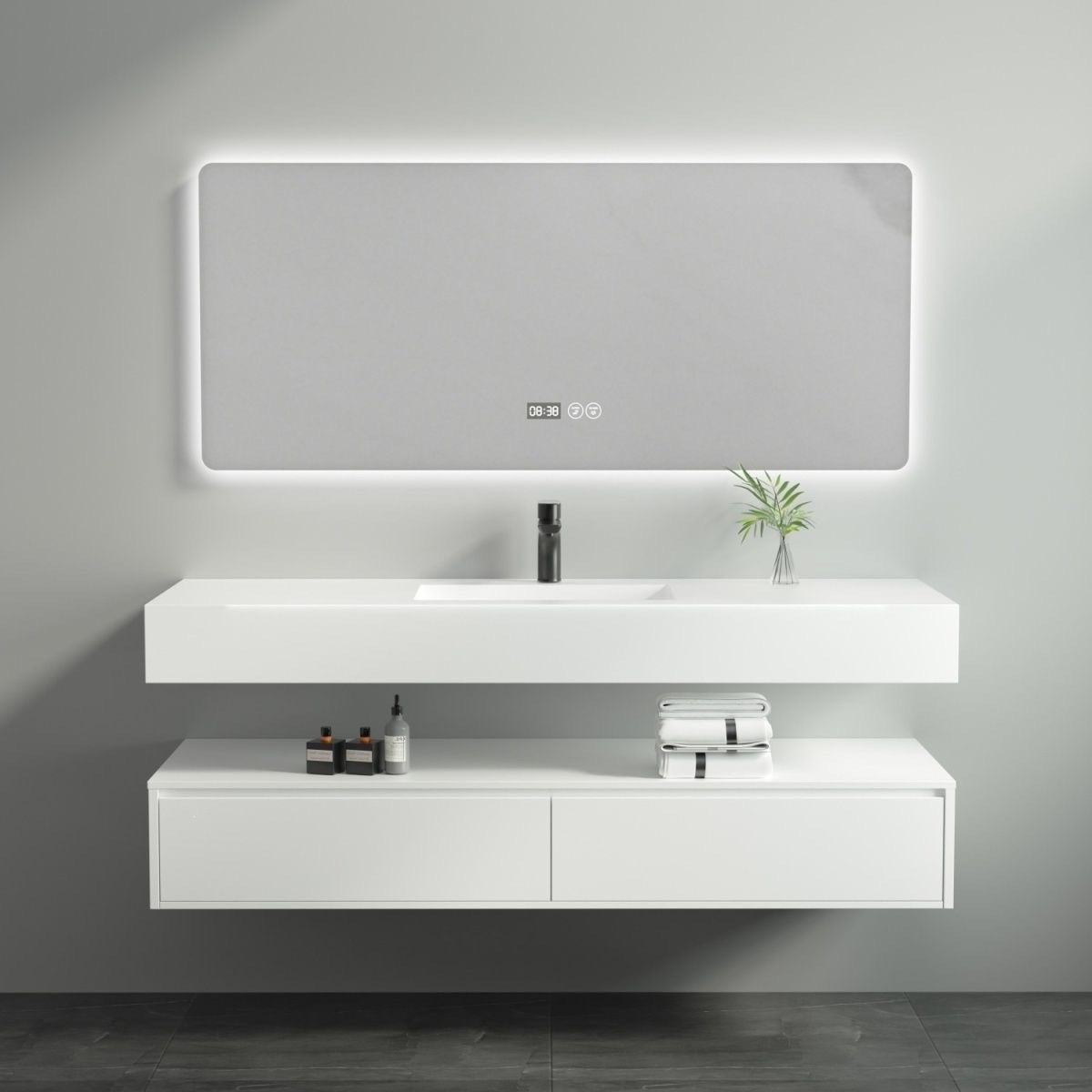 Lavabo in ceramica senza giunzioni con piastra in roccia da 60 cm, solido bianco
