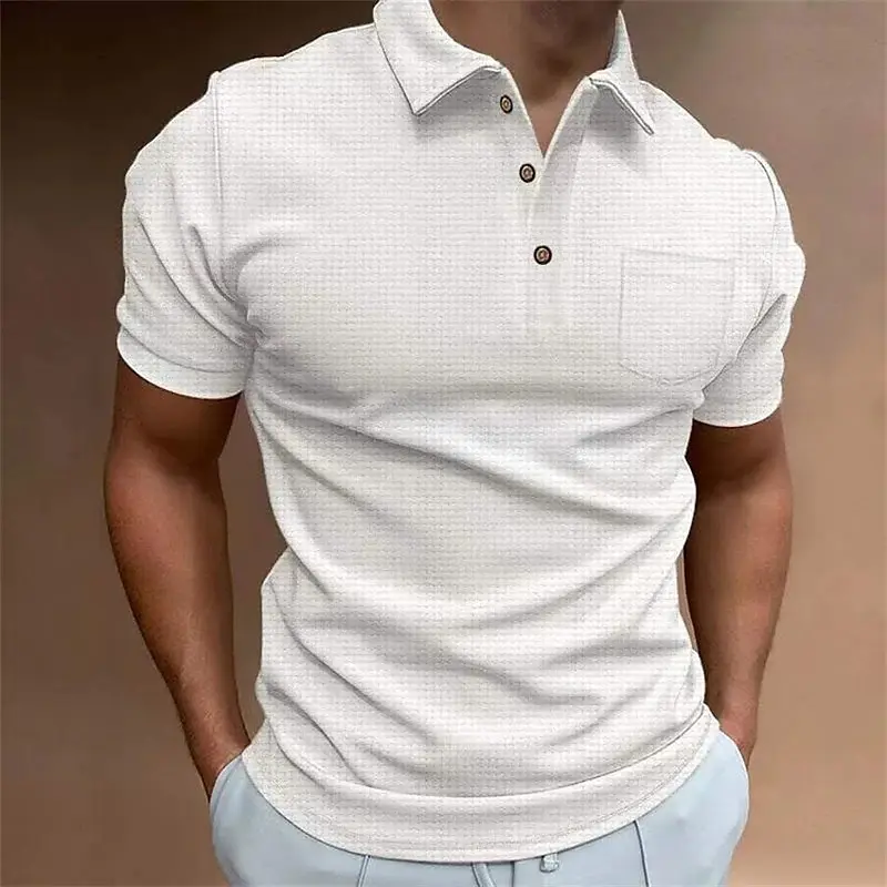 Kemeja Polo Solid lengan pendek musim panas kaus berkancing Pullover kerah lipat untuk pria kemeja wafel Polo pria