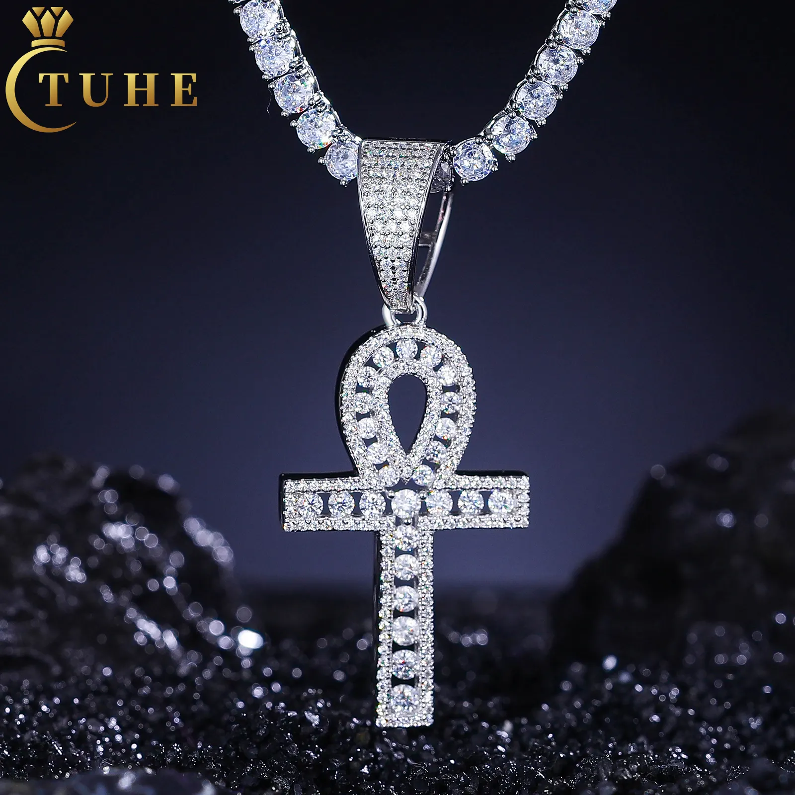 Haute qualité Bling Moissanite glacé Ankh croix pendentif 925 en argent Sterling diamant Fine Hip Hop bijoux hommes femmes