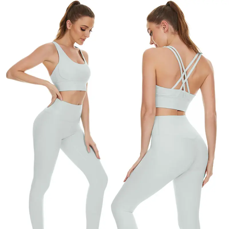 Sexy atmungsaktive 2-teilige Yoga-Sets Kleidung Frauen Cross Back Sport-BH-Anzüge Leichte Yoga-Hosen mit hoher Taille tragen