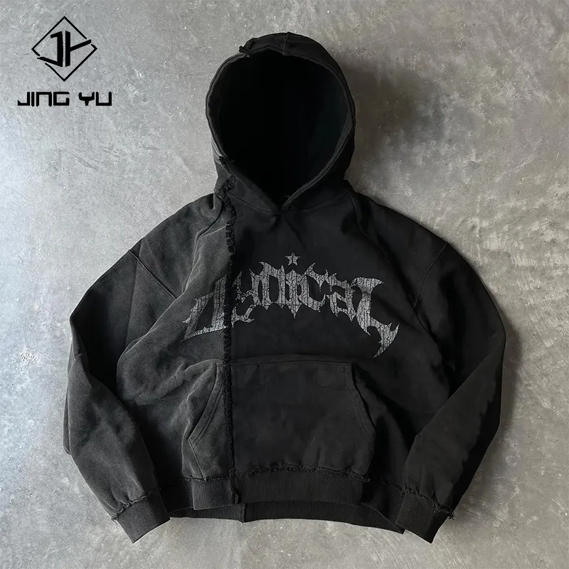 Hoodie dicuci celup garmen hitam hoodie cetak layar dicuci matahari pabrikan hoodie streetwear 450 gsm french terry hoodie kering matahari