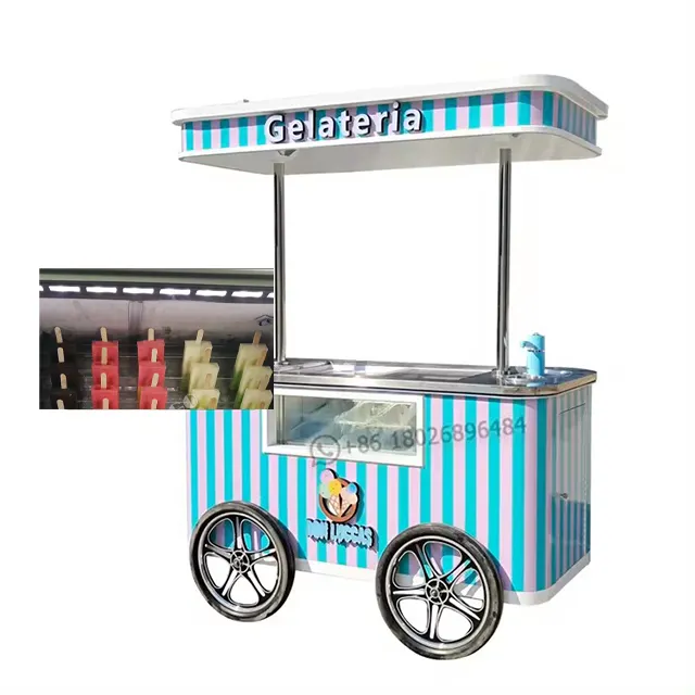 Belle grande charrette à glace personnalisée Chariot à crème glacée mobile de fourgon de glace à poussée manuelle pour la nourriture