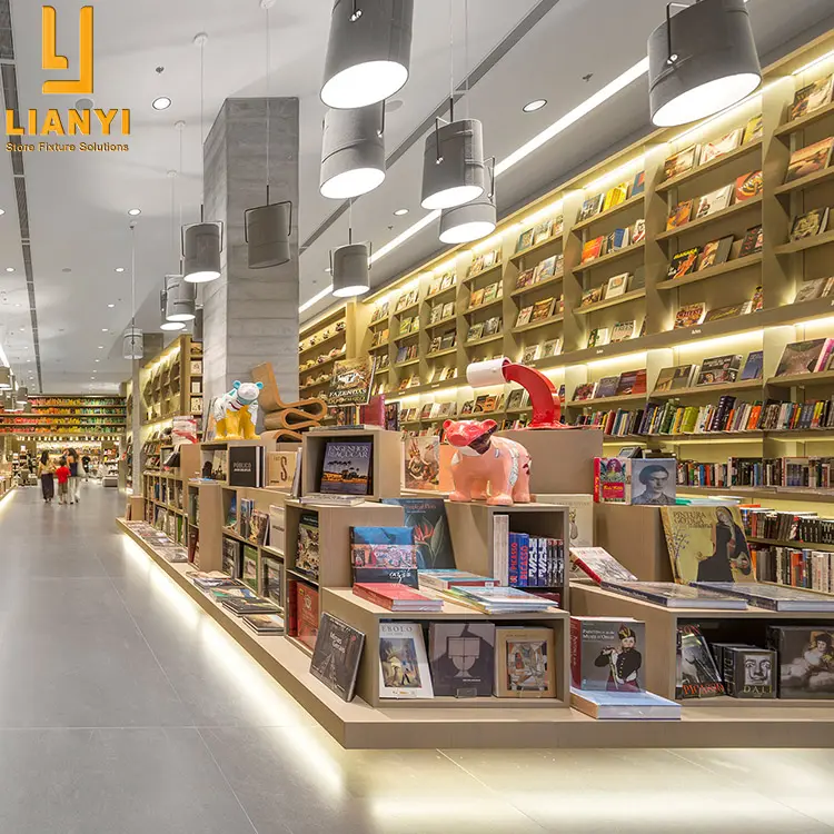 Muebles de librería, estanterías de madera, muebles de biblioteca de pared de moda, estante de exhibición de libros para librería con diseño de decoración