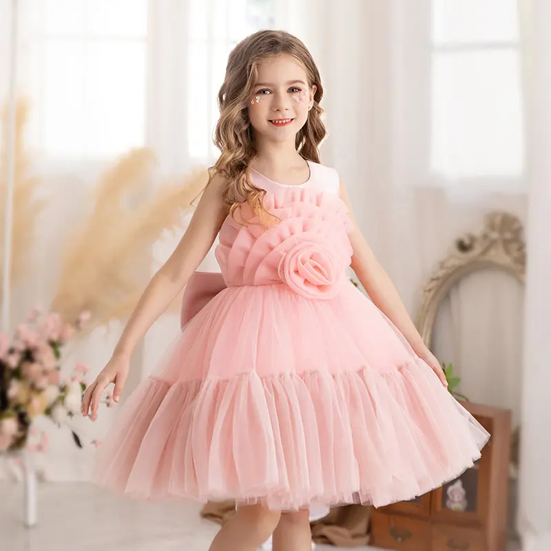 Vestidos de flores con lazo grande para niñas, ropa para niños, ropa para niñas, sin mangas, súper 3D, vestidos de actuación de flores, vestidos de Nia