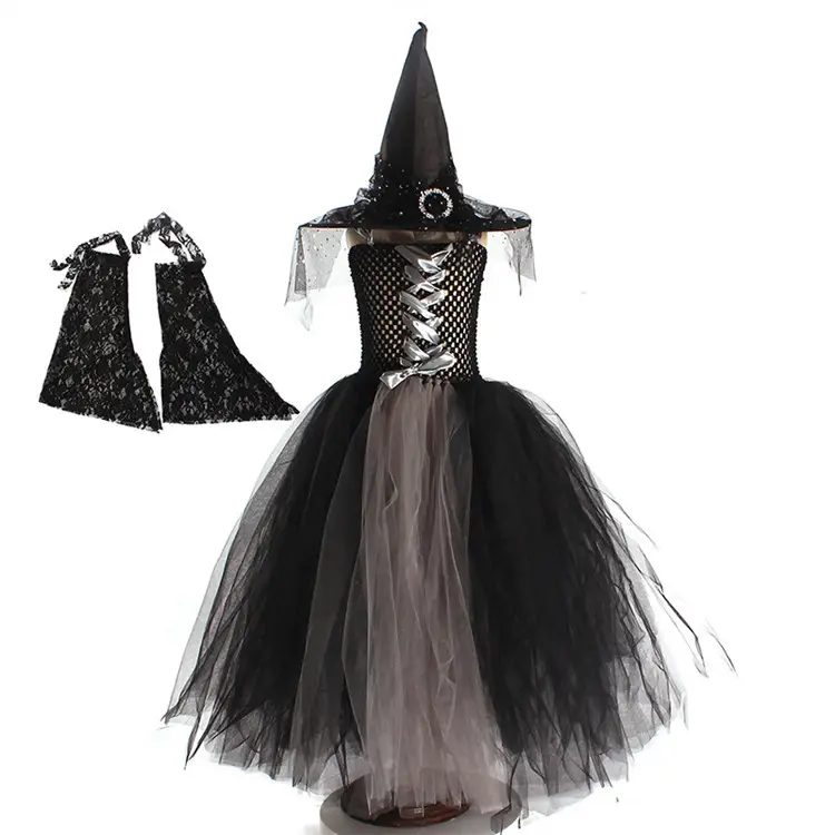 Costume da principessa della strega di Halloween a strati per bambini vestito da TUTU di Tulle lungo annodato senza schienale