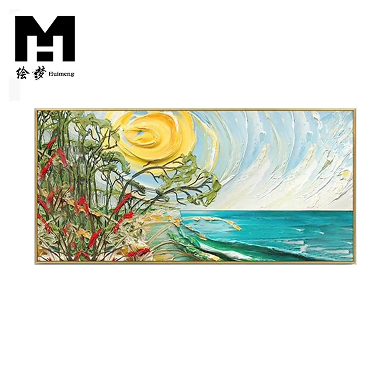 Paisaje marino abstracto hecho a mano, textura acrílica de puesta de sol en la playa, decoración de pared, lienzo moderno, pintura al óleo