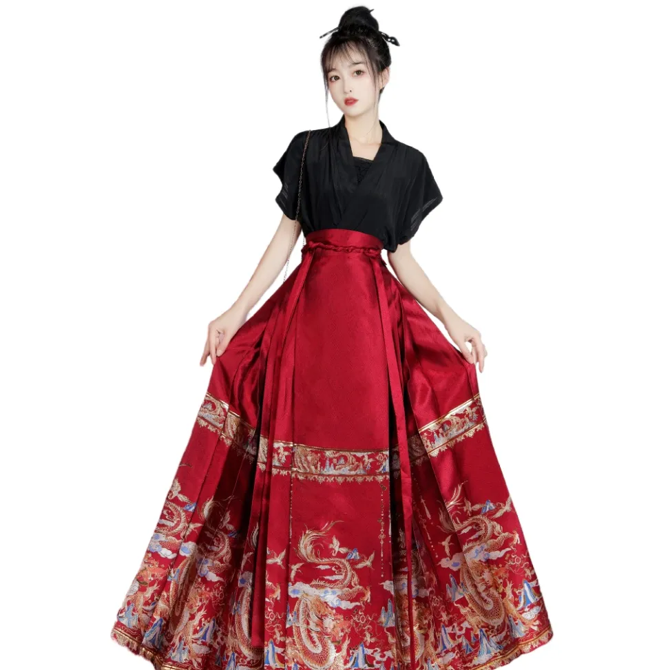 Conjunto completo de saia de rosto de cavalo florida para mulheres, cor vermelha, estilo chinês antigo, tecido dourado e maquiagem, cor vermelha, novo verão
