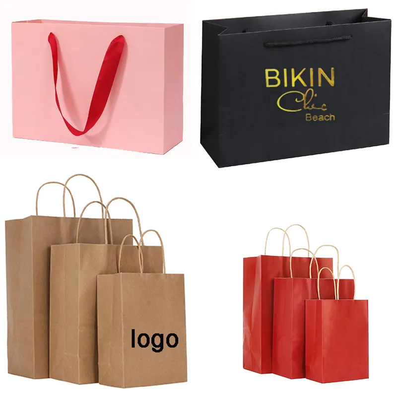 red Custom Luxury Packaging Kraft Shopping Paper Bag With Your Own Logo Retail Store Gift Bags Small Business For Shoes Clothing