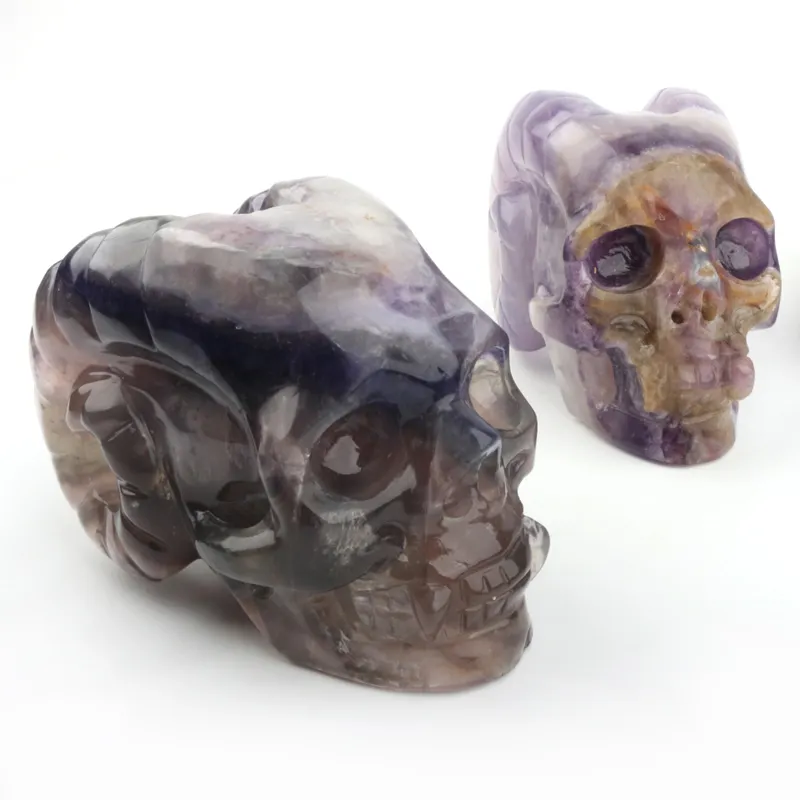 Rainbow fluorite horned skulls carved crystal stone skulls heads with ram horns for healing