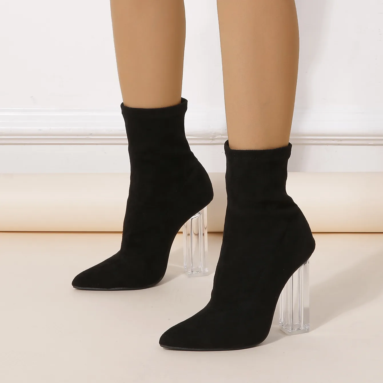 BR2855 stivali sottili elastici a gamba media con tacco in cristallo stile autunno e inverno da donna