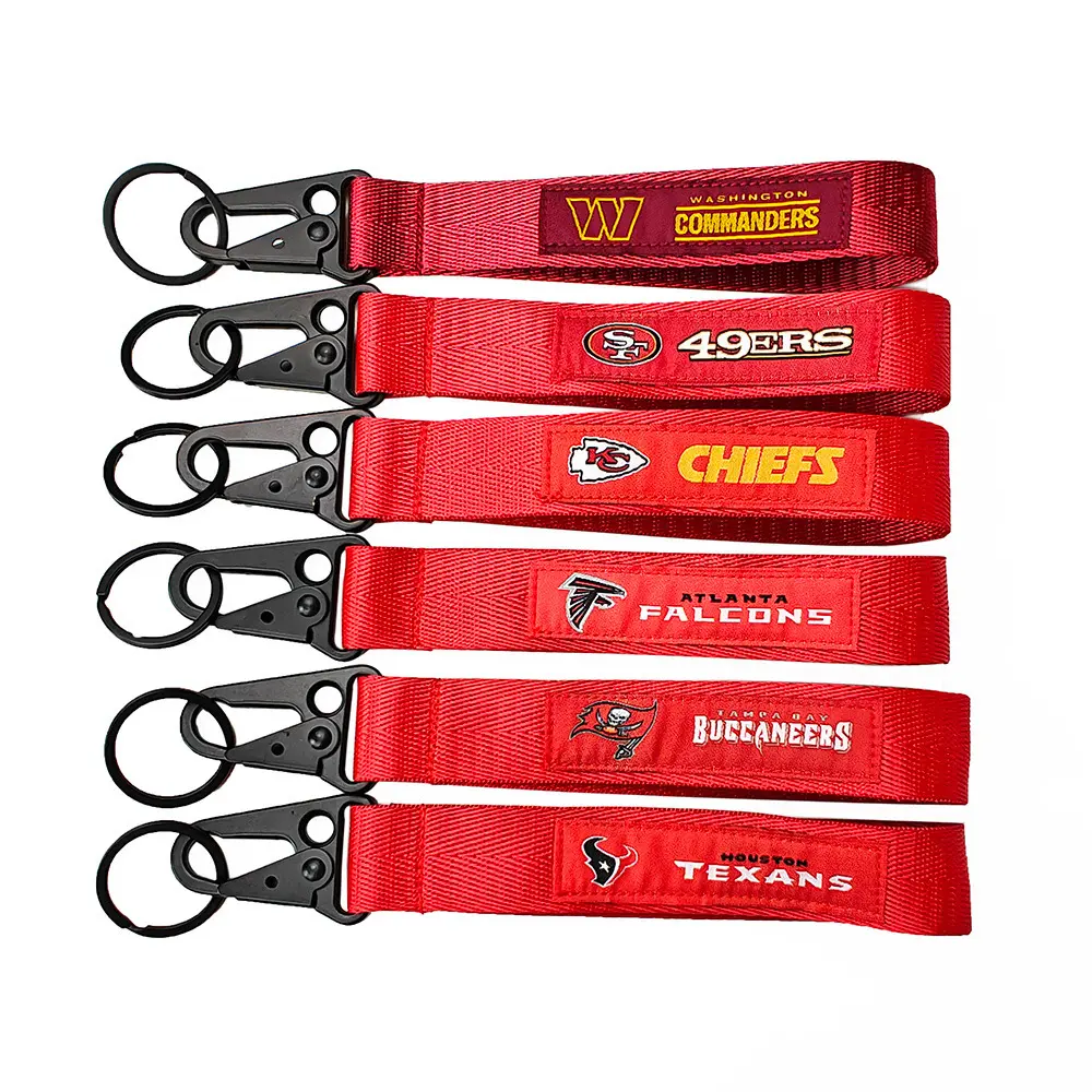 Sports personnalisés en gros Club de football américain 32 équipes NFL Tag porte-clés avec logo tissé personnalisé et crochet d'aigle