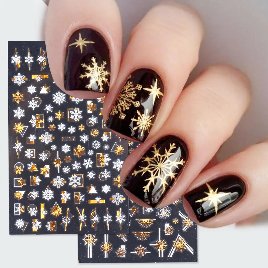 Stiker Dekorasi Natal, Hiasan Natal Mewah Stiker Kuku 5d Laser Putih Daun Emas untuk Dekorasi Jari Kaki Kuku
