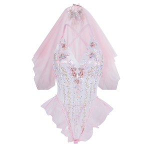 Elastik pembe tül gelin seksi iç çamaşırı peçe ile seksi romantik iç çamaşırı - Product Image 5