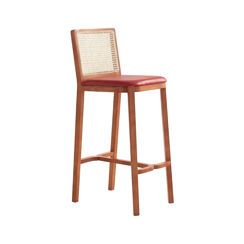 Nordic Design Natural Wood Frame Cane High Chair Leather Cushion Bar Stool Modern Chair Rattan Bar Stool