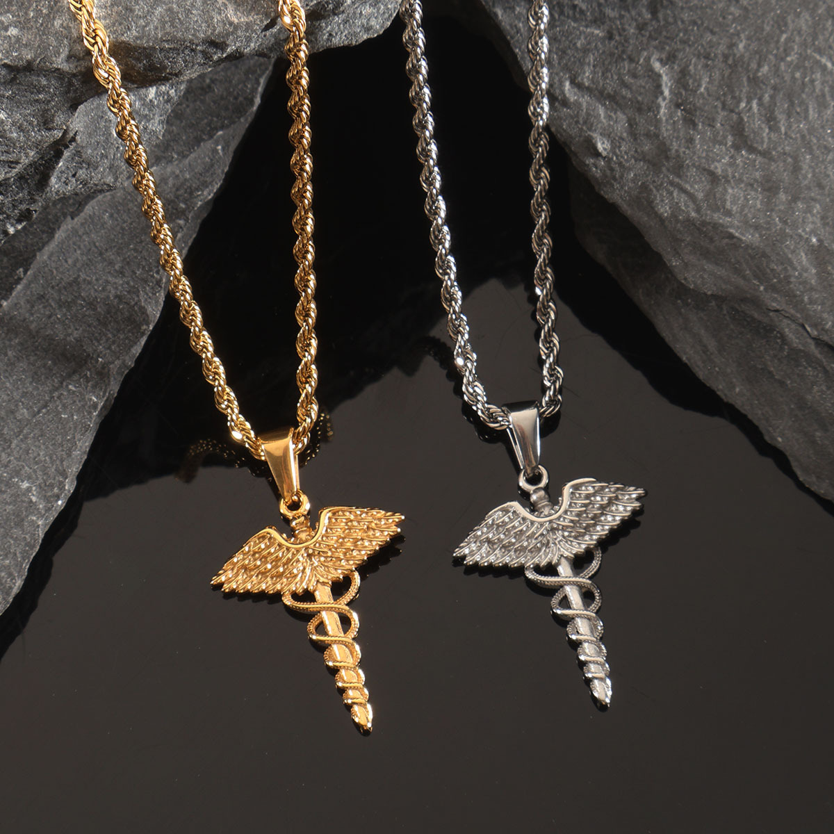Pendentif Caducée à Double Serpent avec Chaîne Corde