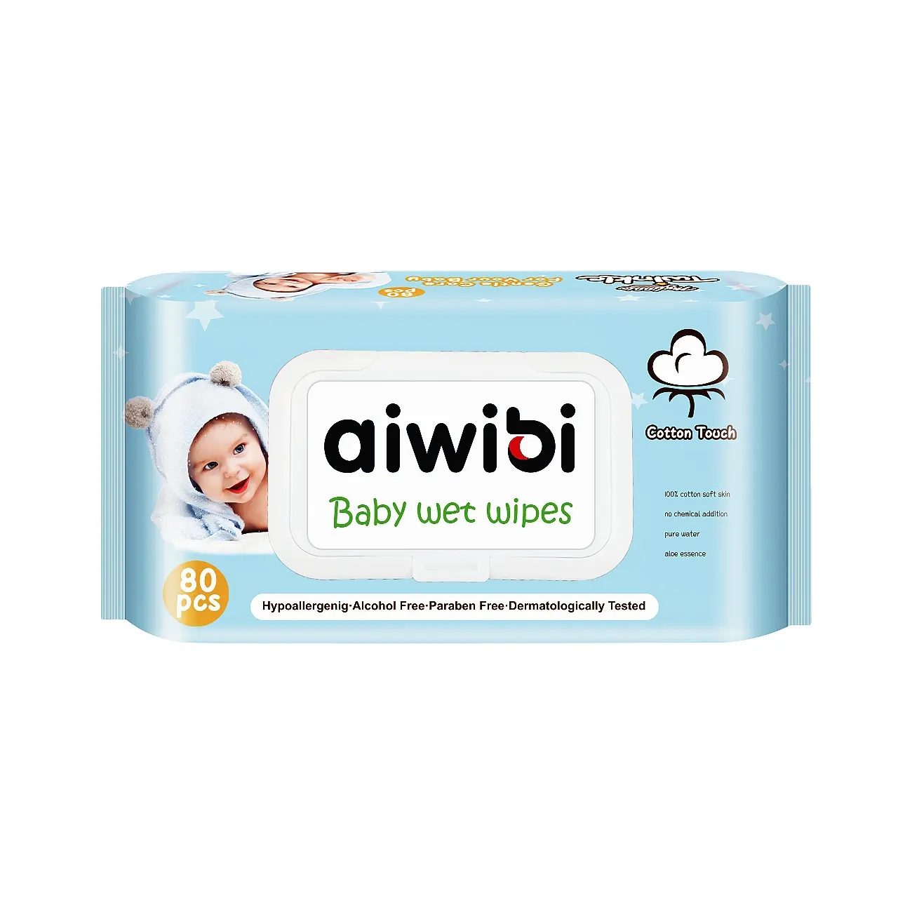Biodegradabel 자연 아기 민감한 피부면 신생아 AIWINA 물 아기 젖은 손수건 80pcs 일회용 Paraben 무료 100%