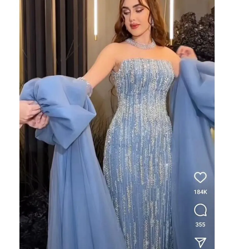 Türkiye için yüksek kalite lüks gelin ağır el yapımı boncuk dantel elbise sky blue sequins kumaş