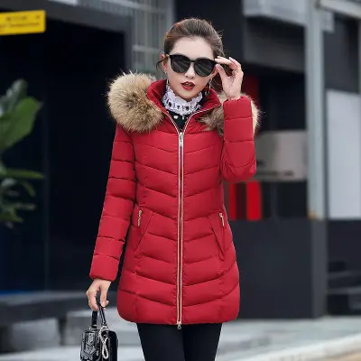 Las mujeres de invierno larga Parka Abrigos Mujer Slim Fit de manga larga cálida chaquetas elegantes damas Collar de piel de Parkas con capucha abrigos