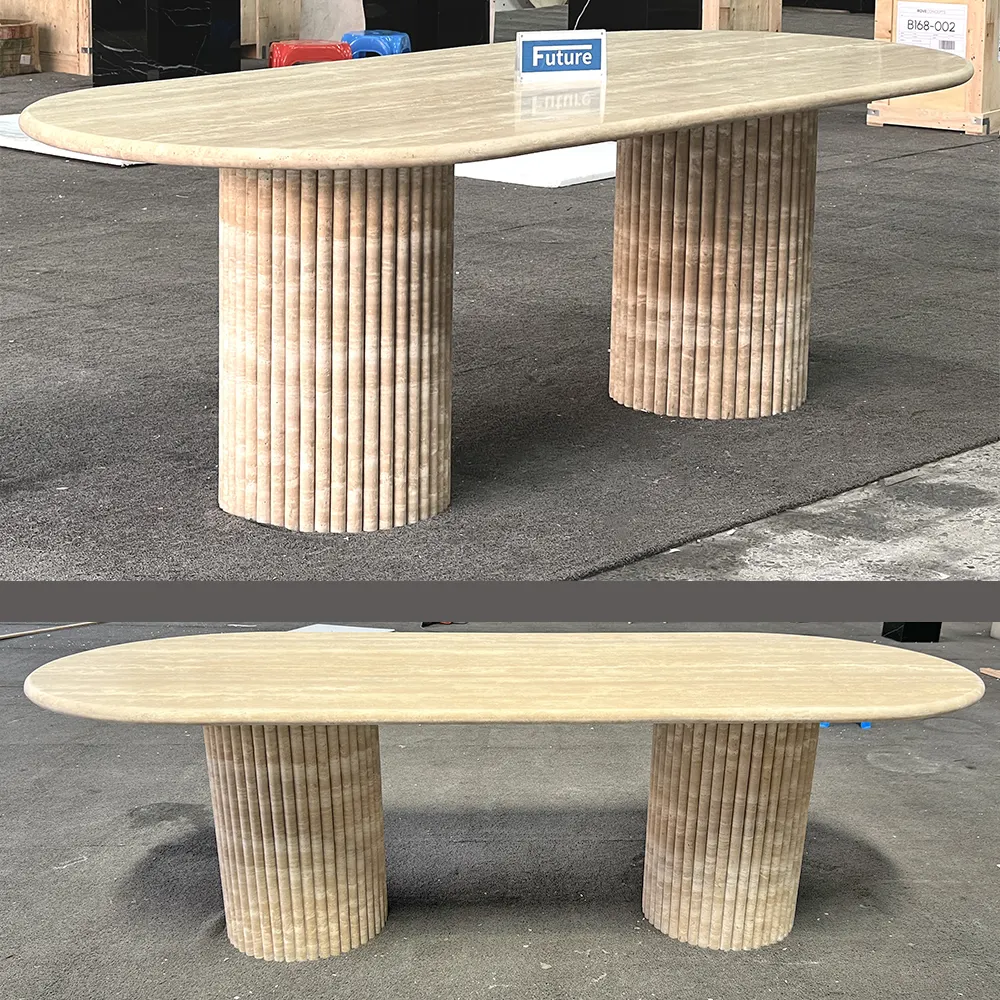 Mesa de jantar luxuosa personalizada em travertino natural bege, móveis de pedra, mesa de jantar em travertino marmoreia oval canelado